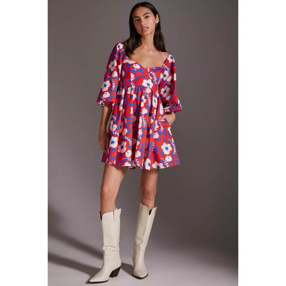 Hutch x Anthropologie Puff Sleeve Floral Printed MOD Mini Dress‎ Women's Sz XXS